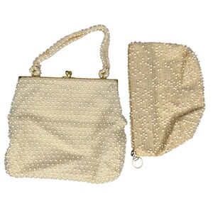 1950s Vintage Corde-Bead Pearl Beaded Wrist Bag Makeup Clutch Set Lumered USA‎
